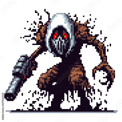 A character stands in a dark environment. It has red eyes and wears a mask and cloak. The figure holds a gun and seems to be surrounded by shadows. The scene looks tense