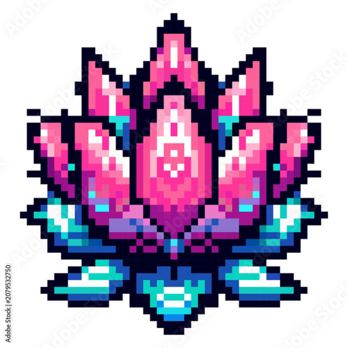 A digital artwork features a lotus flower created in pixel art style. The design includes shades of pink and blue. The flower stands out with its unique details and colors