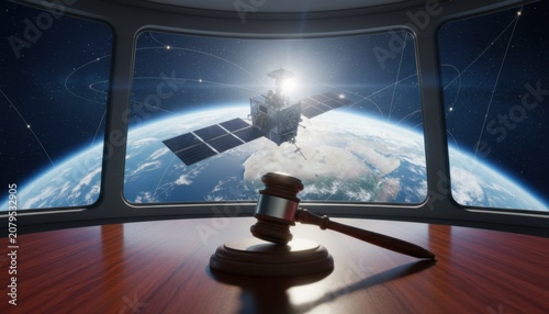 Legal gavel placed on a wooden desk with a satellite orbiting Earth visible through a large window depicts space law and regulation