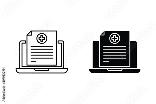 Medical document on laptop screen, line and solid vector illustration