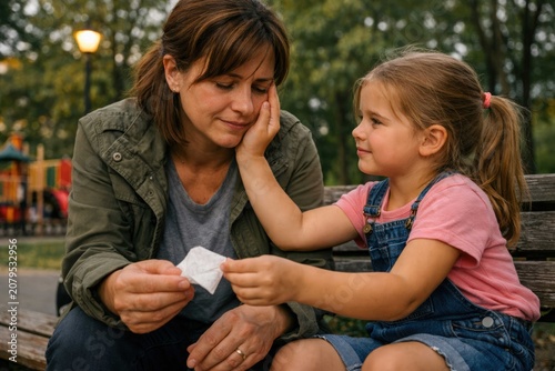 Caring little daughter comforting sad mother on a park bench outdoors with a tissue, emotional support, empathy, family care and mental health concept