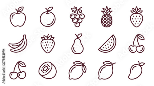 Hand-drawn Fruit Icons Set: Apple, Orange, Grapes, Pineapple, Strawberry, Banana, Pear, Watermelon, Cherry, Kiwi, Lemon, Mango