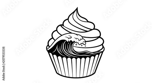 Cupcake with ocean wave frosting icon design.
