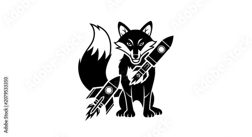 Cute fox holding a rocket ship cartoon illustration.