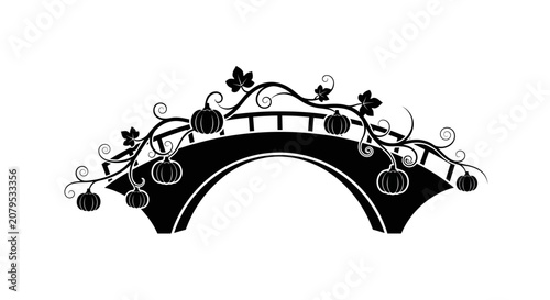 Decorative arch bridge with autumn pumpkins and vines.