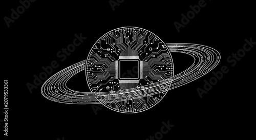 Cybernetic planet with circuit board rings and microchip core.