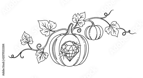 Decorative pumpkin with diamond gemstone and curling leaf vines.
