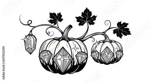 Decorative pumpkins growing gem-shaped crystal fruits on vines.