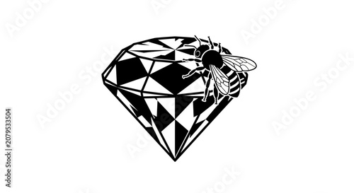 Detailed bee perched on a faceted diamond gemstone.