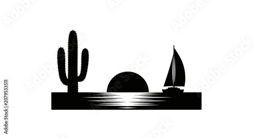 Desert landscape with cactus and a sailboat at sunset.