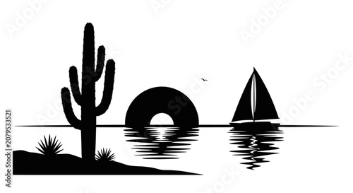 Desert cactus landscape with sailboat sunset silhouette.
