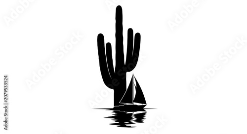 Desert cactus and sailboat reflection surreal icon