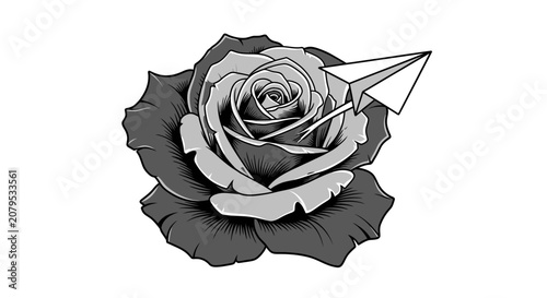 Detailed rose flower with a paper airplane flying by.