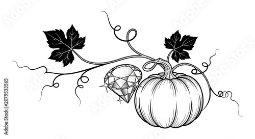 Detailed pumpkin and diamond on a decorative leafy vine.