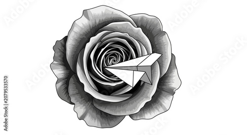 Detailed rose flower with paper airplane illustration.