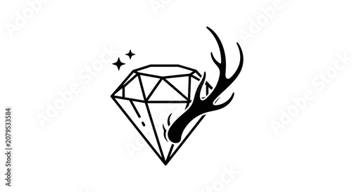 Diamond gemstone with deer antlers nature logo.
