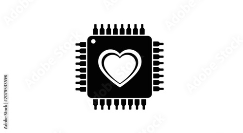 Digital computer chip processor with a heart center icon.
