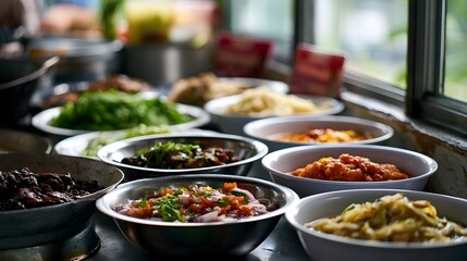 A clean street food stall in a market corner features serving bowls and menu signs bathed in warm window light