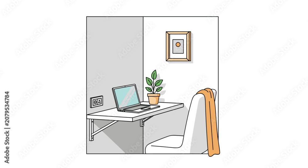 Fototapeta premium Flat illustration of person sitting at desk hesitating before decision, hand on chin, laptop open but idle, sticky notes blank on desk, remote worker, freelance, work from home, work from anywere,
