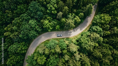 Curving road winding through lush green tropical forest canopy with vehicle