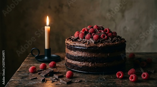 Delicious chocolate raspberry cake with fresh berries and candle lighting
