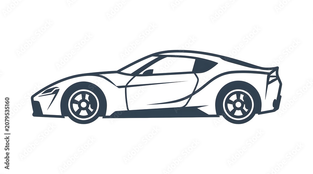Naklejka premium A minimalist 2D flat vector icon of a modern futuristic sports coupe supercar, viewed from the side and isolated on a white background