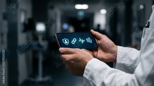 Medical professional using smartphone with health security and monitoring app icons
