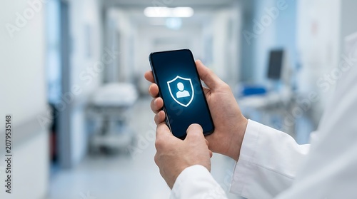 Medical professional using smartphone with security verification shield icon displayed