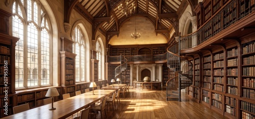 Grand library interior with towering bookshelves a spiral staircase and a long wooden reading table