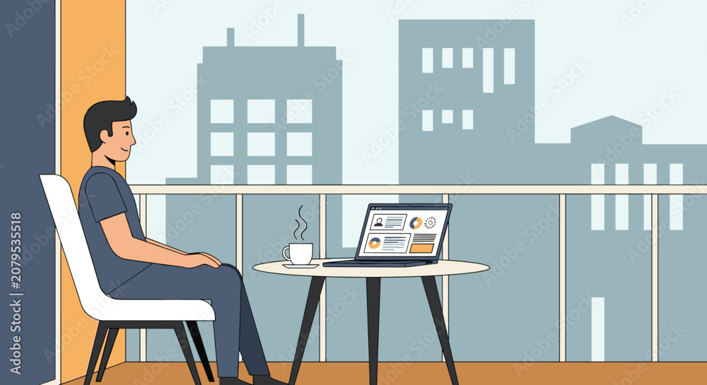 Fototapeta premium Flat illustration of person sitting at desk hesitating before decision, hand on chin, laptop open but idle, sticky notes blank on desk, remote worker, freelance, work from home, work from anywere,
