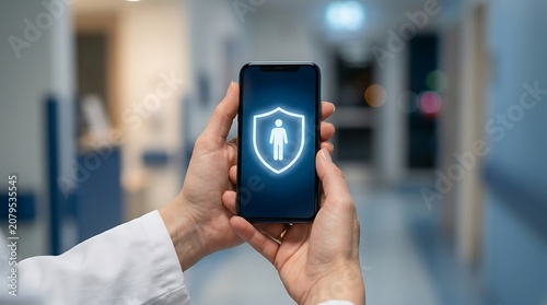 Person holding smartphone displaying security or safety app icon indoors