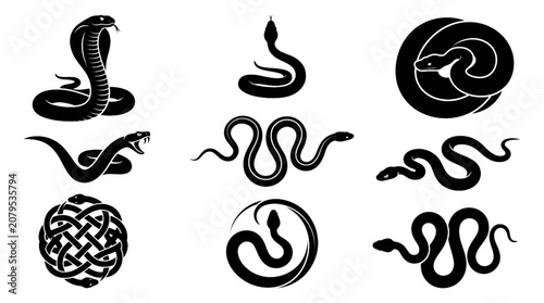Fotografie Snake Vector Bundle with Cobra Silhouettes Serpent Icons and Reptile Design Coll
