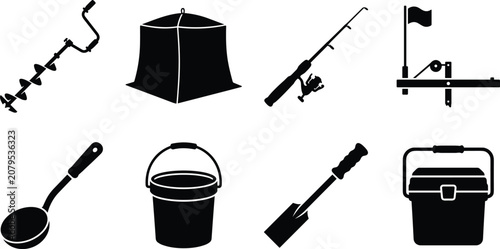 Tableau sur toile Fishing and Ice Fishing Equipment Icon Set for Outdoor Sport and Angling Use
