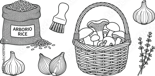 Foto Arborio Rice Bag and Wild Mushroom Basket Vector Icon Set with Garlic Shallots T