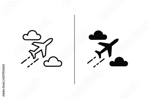Airplane flying through clouds, line and solid vector illustration