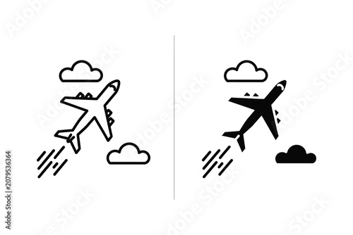 Airplane flying in clouds, line and solid vector illustration