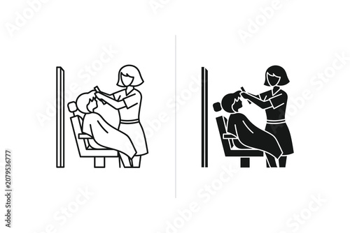 Hairdresser cutting hair of client in salon, line art and flat design vector illustration
