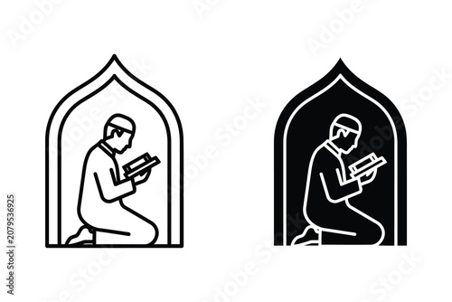 Man praying with book, line art vector illustration