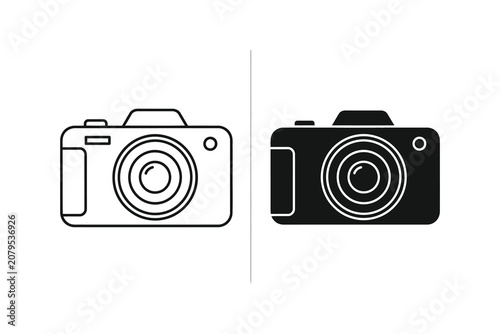 Digital camera vector illustration line art style side by side comparison outline and filled design