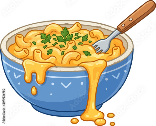 Photos Creamy Mac and Cheese Bowl Vector Illustration – Cheesy Elbow Pasta with Fork an