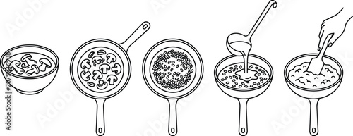 Tableau sur toile Detailed Mushroom Risotto Cooking Process Step Vector Icon Set Featuring Broth P