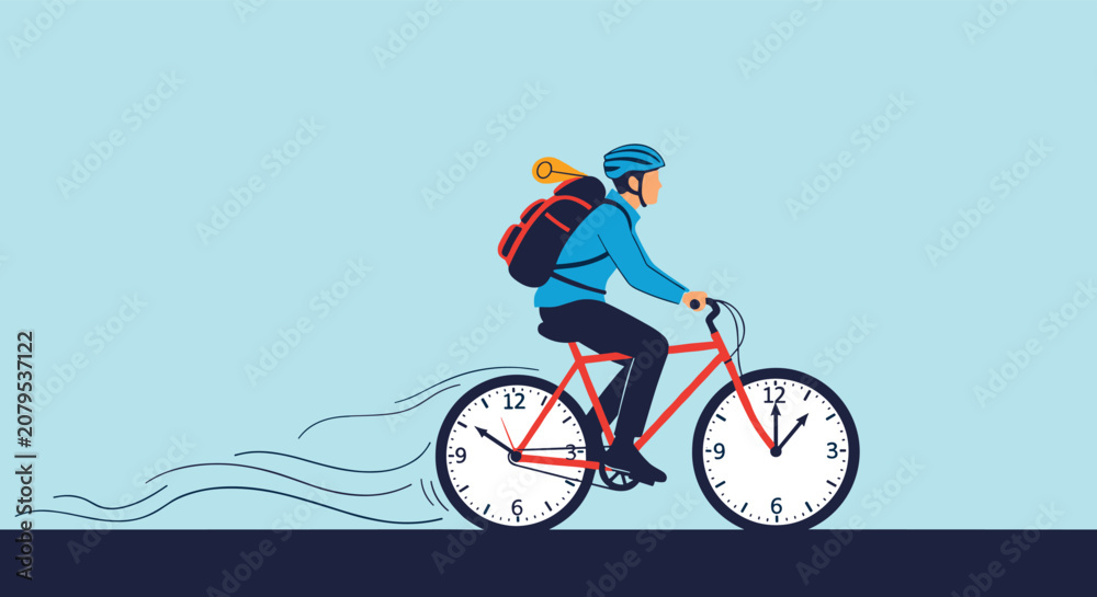 Fototapeta premium Young cyclist with a backpack riding a bicycle with clock wheels as a symbol of fast delivery or time management.