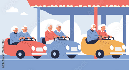 Happy senior citizens enjoying an exciting, fun ride in colorful bumper cars at an amusement park under a sunny sky.