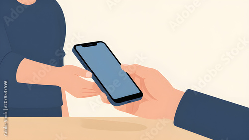 Handing Over a Smartphone: A close-up illustration depicts one person's hand extending a modern smartphone to another, symbolizing connection and technology transfer.