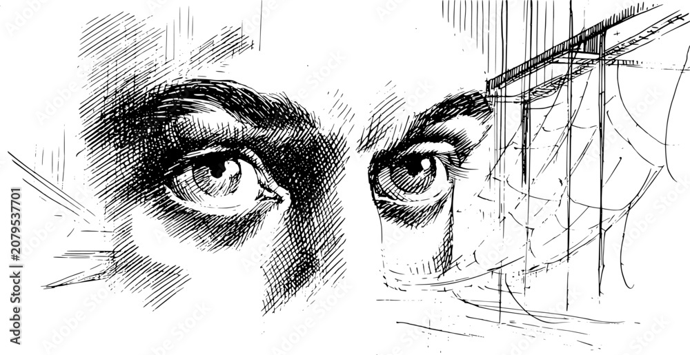 Obraz premium Intense human eyes staring in dramatic engraving illustration