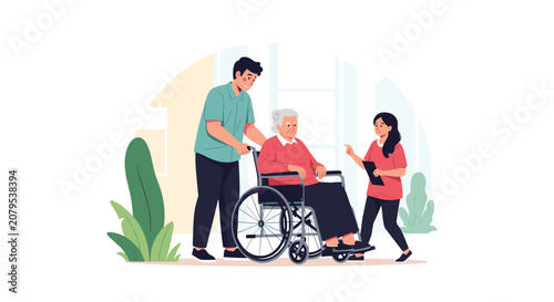 Kind helpful volunteer pushing an elderly senior woman in a wheelchair while a medical social worker guides them.