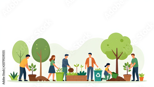 Community Gardening Initiative: A group of diverse individuals comes together to nurture new life, planting saplings and tending to a vibrant garden under the open sky.