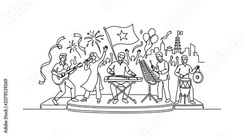 Music band performing on outdoor stage.
