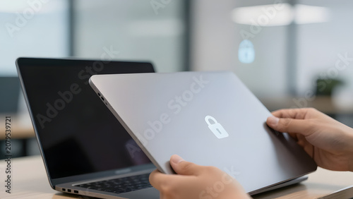 Laptop Security Lock: A close-up of hands holding a closed laptop, with a digital padlock icon illuminated on its surface, symbolizing data protection and online privacy.