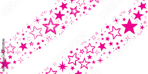 Abstract border design with pink stars and sparkling glitter elements for festive decorations